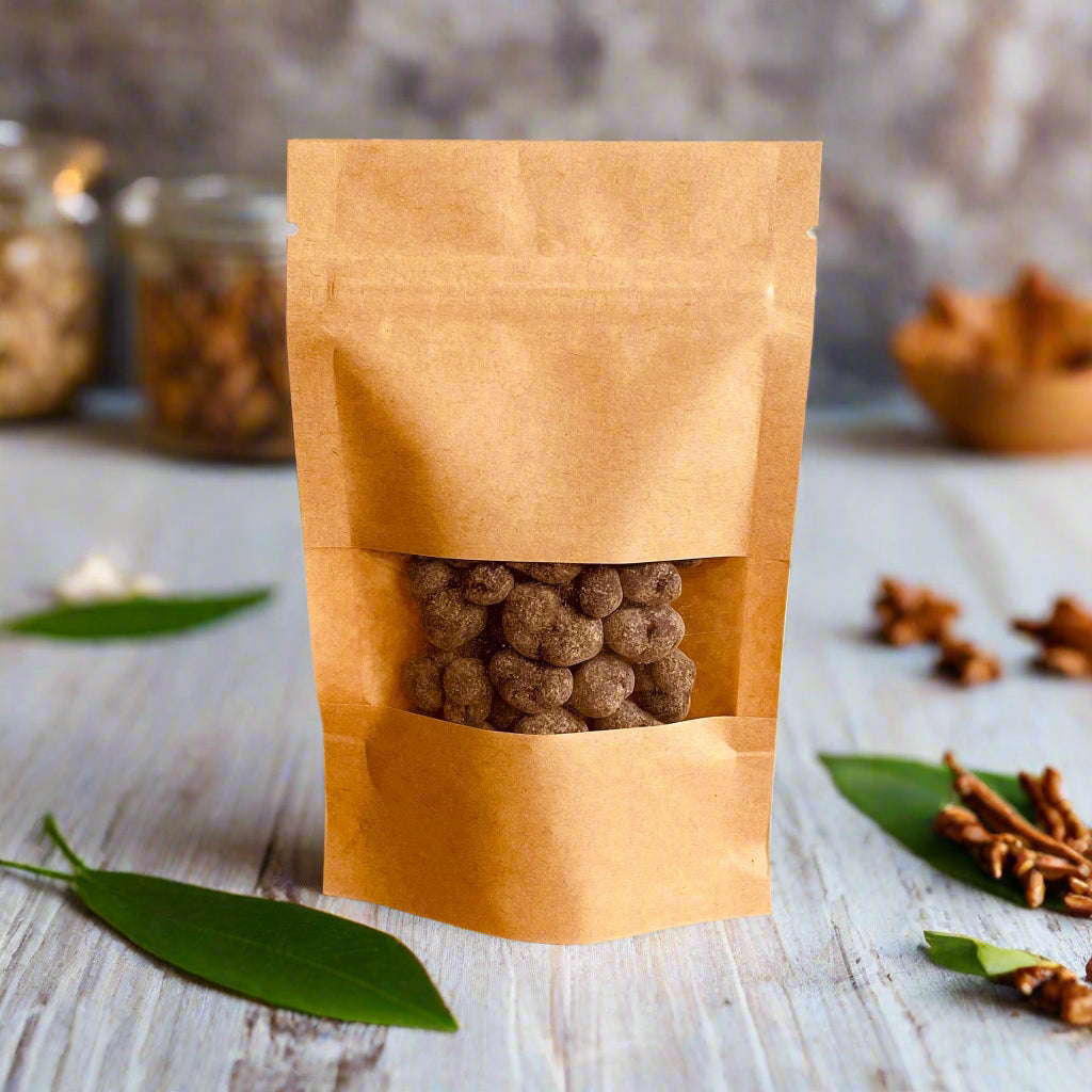 Gingembre-confit-enrobe-sachet-chocolat-noir-cru-75-de-cacao. sact kraft 50g onaturo