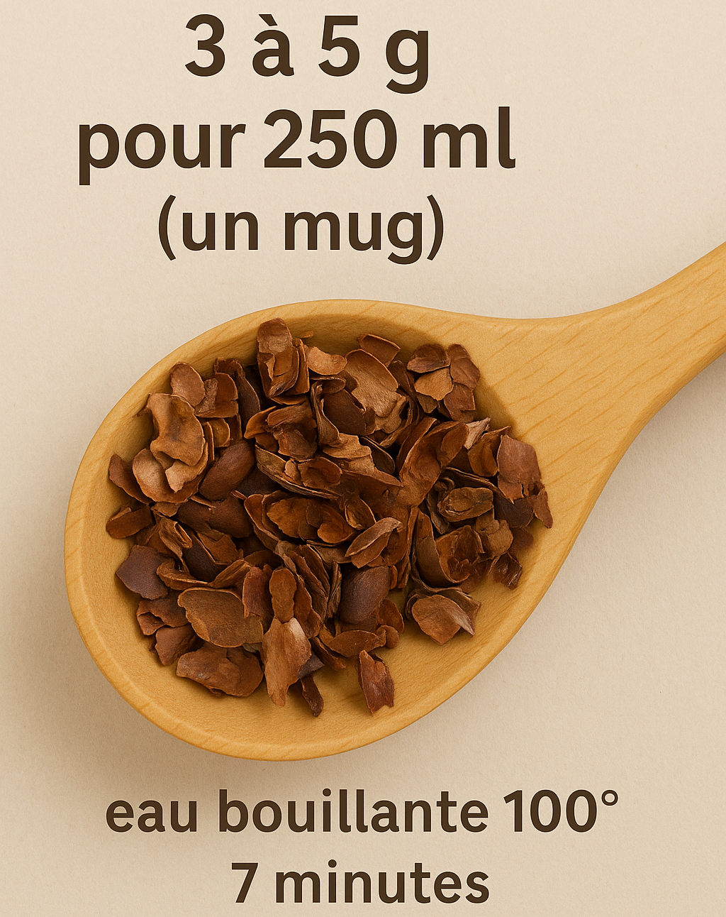 Préparer l'infusion de cacao : 3 à 5 g pour 250 ml d'eau très chaude, 7 minutes d'infusion