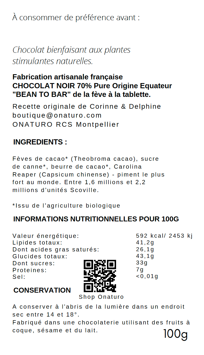 Chocolat Noir 70% CHILLI Piment Carolina Reaper