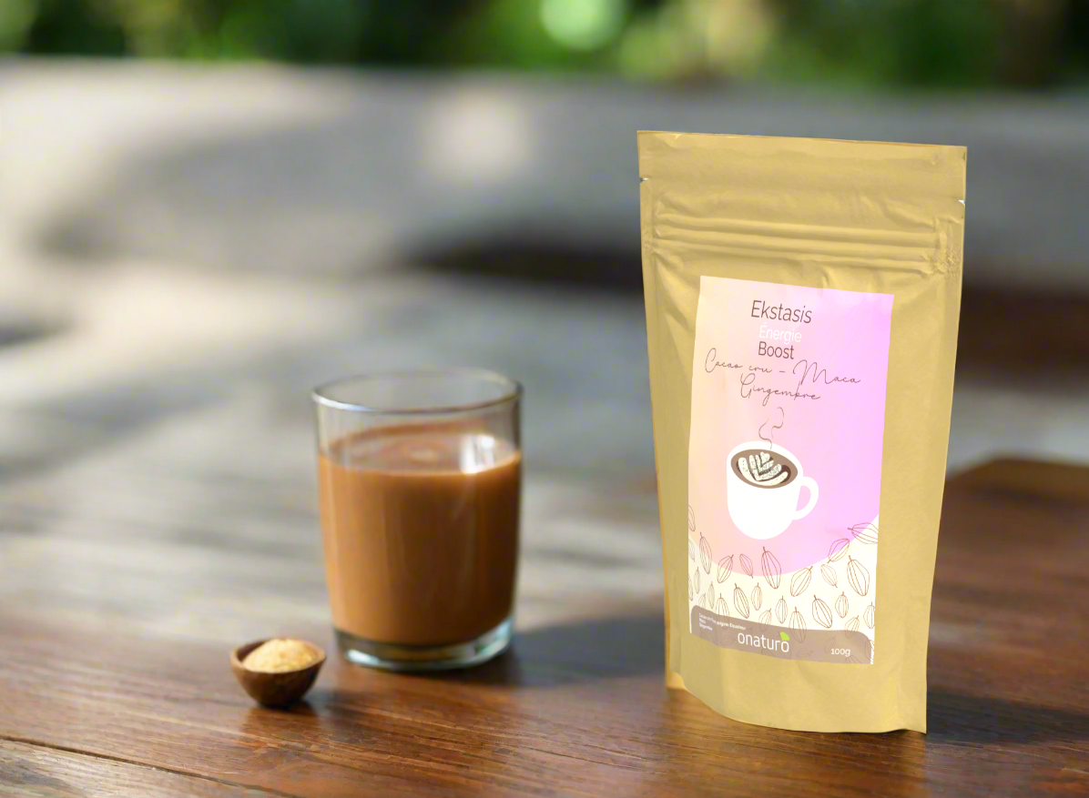 ekstasis poudre de cacao cru booster energie du matin avec maca et gingembre, remplace le café sainement