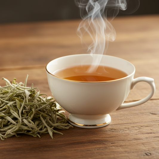tasse fumante avec un tas de feuille de thé blanc bai mu dan sur une table en bois